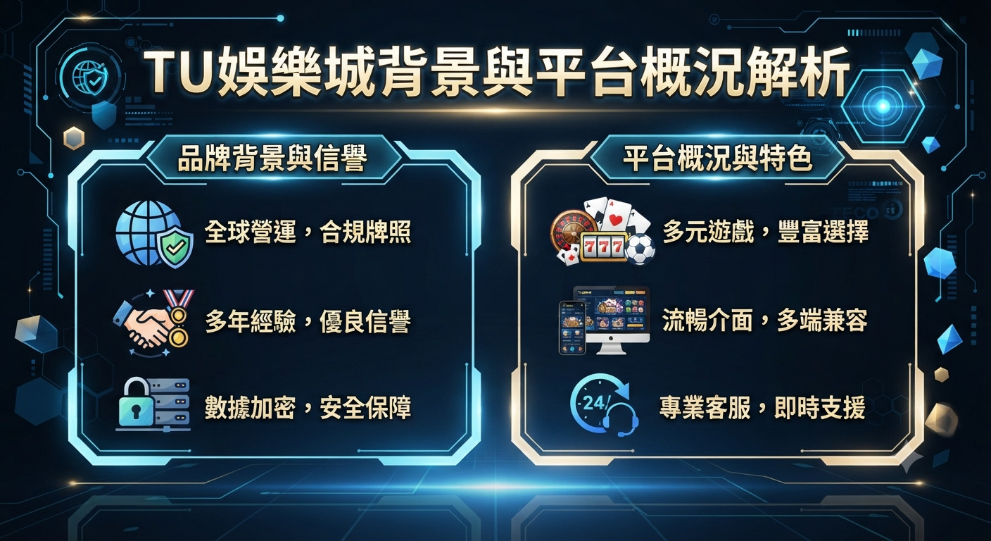 這是一張以「TU娛樂城背景與平台概況解析」為主題的科技感資訊圖表。 畫面採用深藍色背景並融合數位元素,凸顯出專業與安全的營運氛圍。