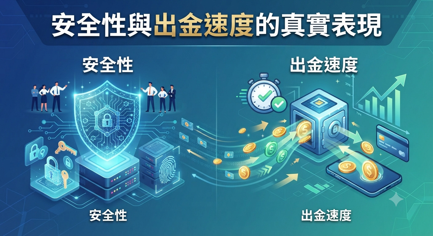 圖片展示了金融平臺的安全性與出金速度,左側透過盾牌與伺服器強調資料保護。 右側則以流動的金幣與時鐘圖標來呈現快速且流暢的出金表現。