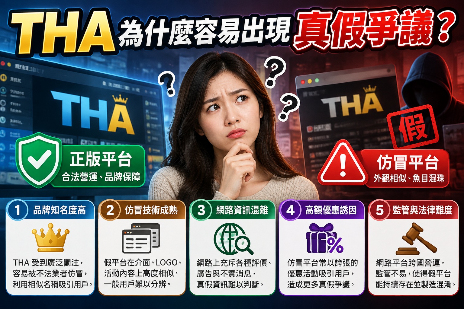 圖片以真假THA娛樂城網站對比為主題,透過藍紅色調、警告標誌與疑惑人物,呈現網址真偽難辨的問題。 深入解析品牌知名度、仿冒技術、網路資訊混雜、優惠誘惑及跨境監管等因素,提醒使用者提高警覺並防範釣魚網站。